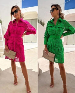 Vestito Donna Camicione Colletto Bottoni Cintura Tasche Manica Sbuffo Ricamo Traforato Elegante Casual Sensuale -Lindavi Negozio 255