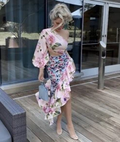 Vestito Donna Tubino Mono Spalla Sbuffo Cut Out Volant Fantasia Rose Elegante Sensuale