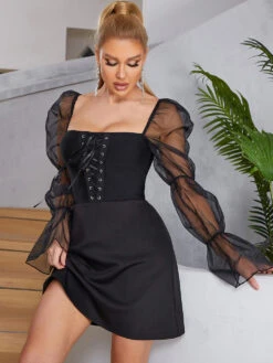 Vestito Donna Scollo Cuore Bustier Lacci Manica Sbuffo Tulle Gonna Campana Sensuale Elegante