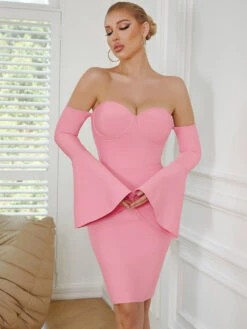 Vestito Donna Tubino Bandage Scollo Cuore Manica Campana Elegante Sensuale