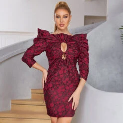 Vestito Donna Tubino Cut Out Coulisse Fantasia Fiori Bicolore Spalla Sbuffo Elegante