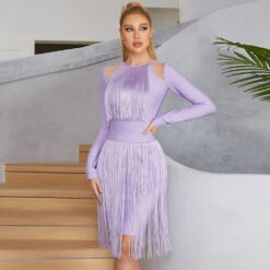 Vestito Donna Aderente Cut Out Manica Lunga Frange Elegante Sensuale