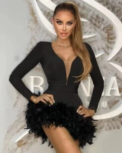 Vestito Donna Scollo Cuore Bandage Piume Aderente Elegante Sexy