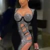 Vestito Donna Tubino Scollo Cuore Strass Cut Out Spacco Alto Sensuale Elegante