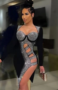 Vestito Donna Tubino Scollo Cuore Strass Cut Out Spacco Alto Sensuale Elegante