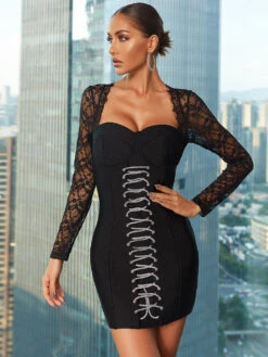 Vestito Donna Tubino Bandage Scollo Cuore Manica Lunga Merletto Lacci Coppette Elegante Senusale