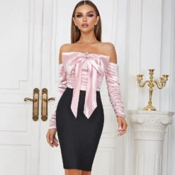 Vestito Donna Tubino Bandage Scollo Bardot Fiocco Gioiello Manica Lunga Aderente Elegante Cerimonia Matrimonio