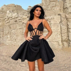 Vestito Donna Scollo Cuore Bretelle Ferretto Bustier Velato Gonna Campana Arricciata Elegante Sensuale