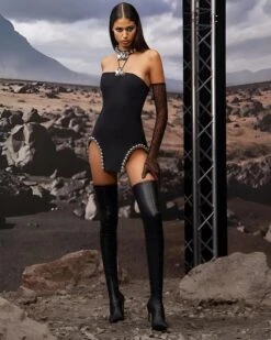 Vestito Donna Corto Spacchi Scollo Fascia Perle Elegante Sensuale