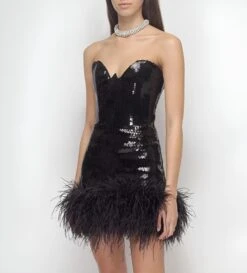 Vestito Donna Tubino Scollo Cuore Paillettes Piume Aderente Elegante