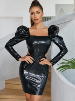 Vestito Donna Tubino Scollo Cuore Cut Out Bustier Ecopelle Spalla Sbuffo Elegante Sensuale