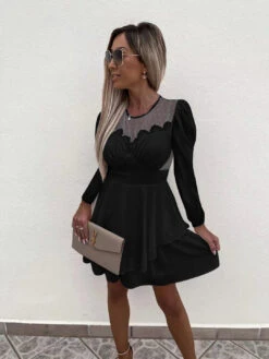 Vestito Donna Morbido Gonna Campana Tulle Balze Manica Sbuffo Elegante Sensuale -Lindavi Negozio 5252