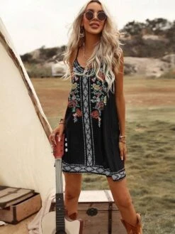 Vestito Donna Morbido Scollo Tondo Bretelle Ricamo Fantasia Floreale Casual Comodo