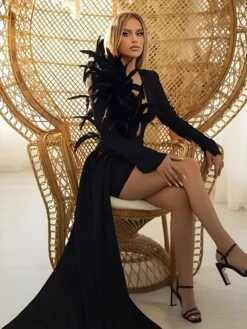 Vestito Donna Tubino Scollo Cuore Profondo Piume Strascico Manica Lunga Elegante Sensuale