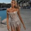Vestito Donna Bustier Perle Frange Strass Gioiello Elegante Sensuale