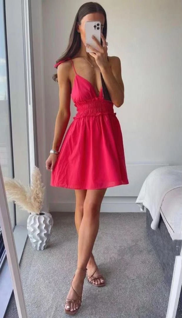 Vestito Donna Scollo V Profondo Bretelle Fiocchi Gonna Campana Morbido Elegante 1 Vestito Donna Scollo V Profondo Bretelle Fiocchi Gonna Campana Morbido Elegante