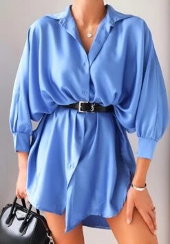 Vestito Donna Camicione Morbido Manica Sbuffo Bottoni Casual Elegante