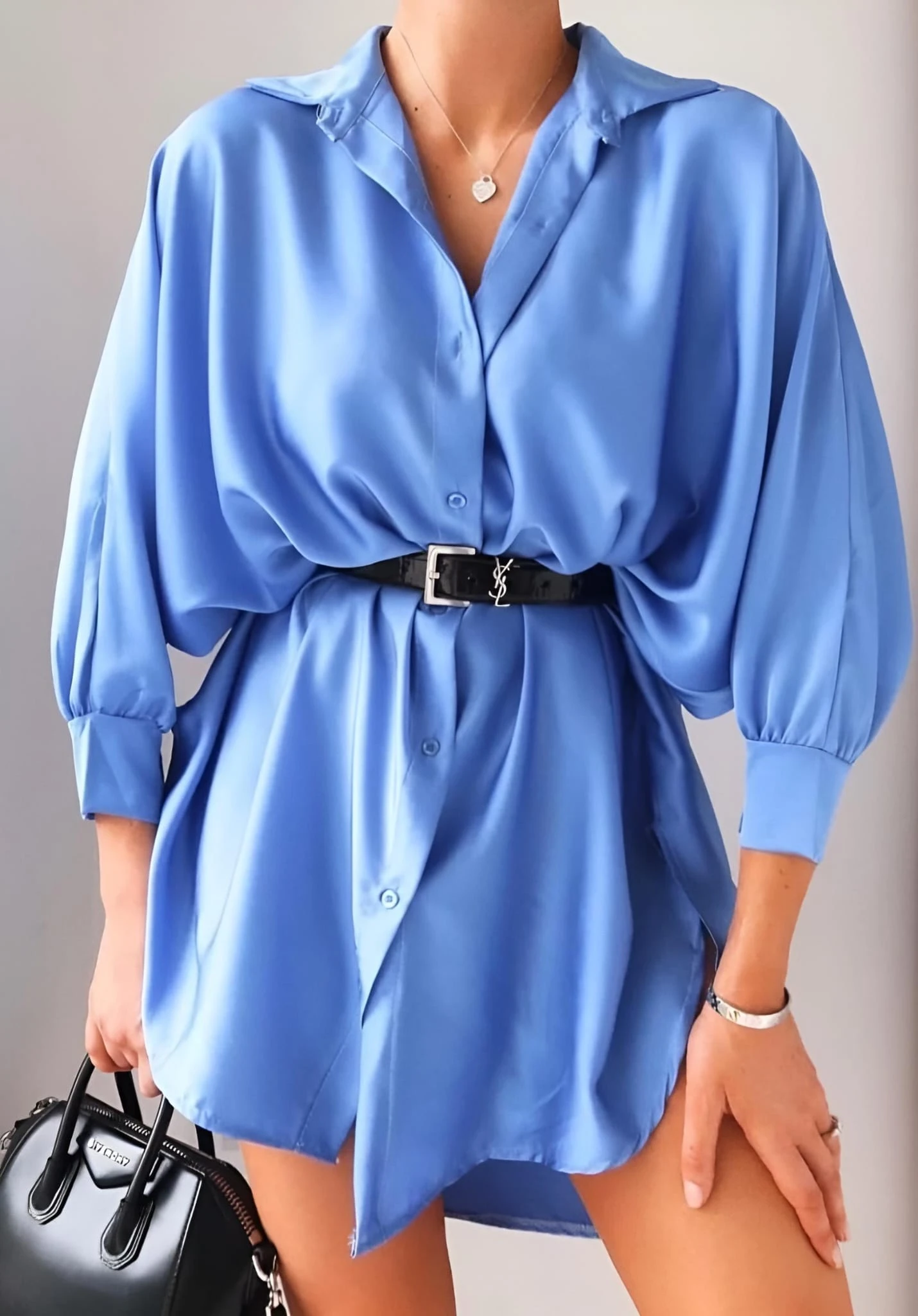 Vestito Donna Camicione Morbido Manica Sbuffo Bottoni Casual Elegante 1 Vestito Donna Camicione Morbido Manica Sbuffo Bottoni Casual Elegante