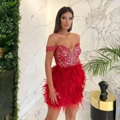 Vestito Donna Scollo Cuore Bretelle Piume Paillettes Elegante Sensuale