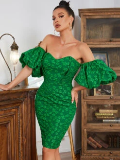 Vestito Donna Tubino Scollo Cuore Manica Sbuffo Trama Fantasia Fiori Elegante Sensuale