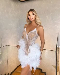 Vestito Donna Tubino Bretelle Scollo Cuore Strass Gioiello Piume Elegante Sensuale