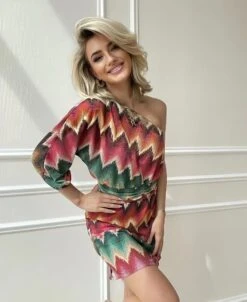 Linda Vestito Donna Tubino Mono Spalla Multicolore Aderente Sensuale Elegante