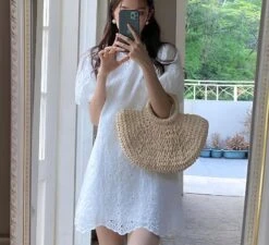 Vestito Donna Manica Sbuffo Ricamo Occhiello Asimmetrico Sangallo Sensuale Elegante