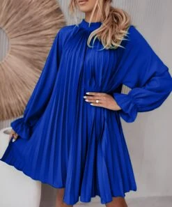 Vestito Donna Svasato Plissé Manica Sbuffo Elegante Casual Sensuale