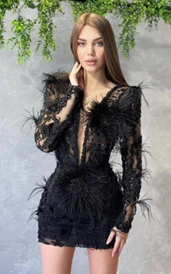 Vestito Donna Tubino Scollo V Profondo Piume Gioiello Strass Elegante Sensuale