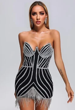 Vestito Donna Tubino Scollo Cuore Strass Frange Gioiello Schiena Scoperta Elegante Sensuale