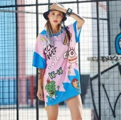 Vestito Donna Morbido Cappuccio Stampa Multicolore Mezza Manica Casual