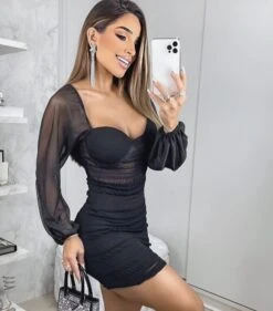 Vestito Donna Tubino Scollo Cuore Spalla Sbuffo Velata Elastico Arricciato Sensuale Elegante