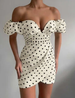 Vestito Donna Tubino Fantasia Pois Scollo Cuore Intrecciato Elegante Cerimonia