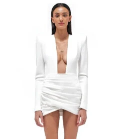 Vestito Donna Tubino Scollo V Profondo Spalline Manica Lunga Drappeggiato Portafoglio Elegante Sensuale