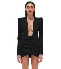 Vestito Donna Tubino Scollo V Profondo Spalline Manica Lunga Drappeggiato Portafoglio Elegante Sensuale -Lindavi Negozio 9.50GIULIAVANBLACKDRESS