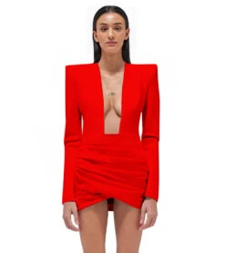 Vestito Donna Tubino Scollo V Profondo Spalline Manica Lunga Drappeggiato Portafoglio Elegante Sensuale -Lindavi Negozio 9.50GIULIAVANREDDRESS