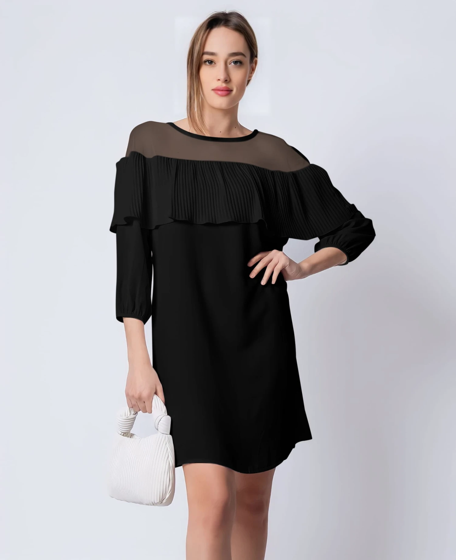 Linda Vestito Donna Morbido Volant Plissé Trasparente Casual Elegante 2 Linda Vestito Donna Morbido Volant Plissé Trasparente Casual Elegante - immagine 2