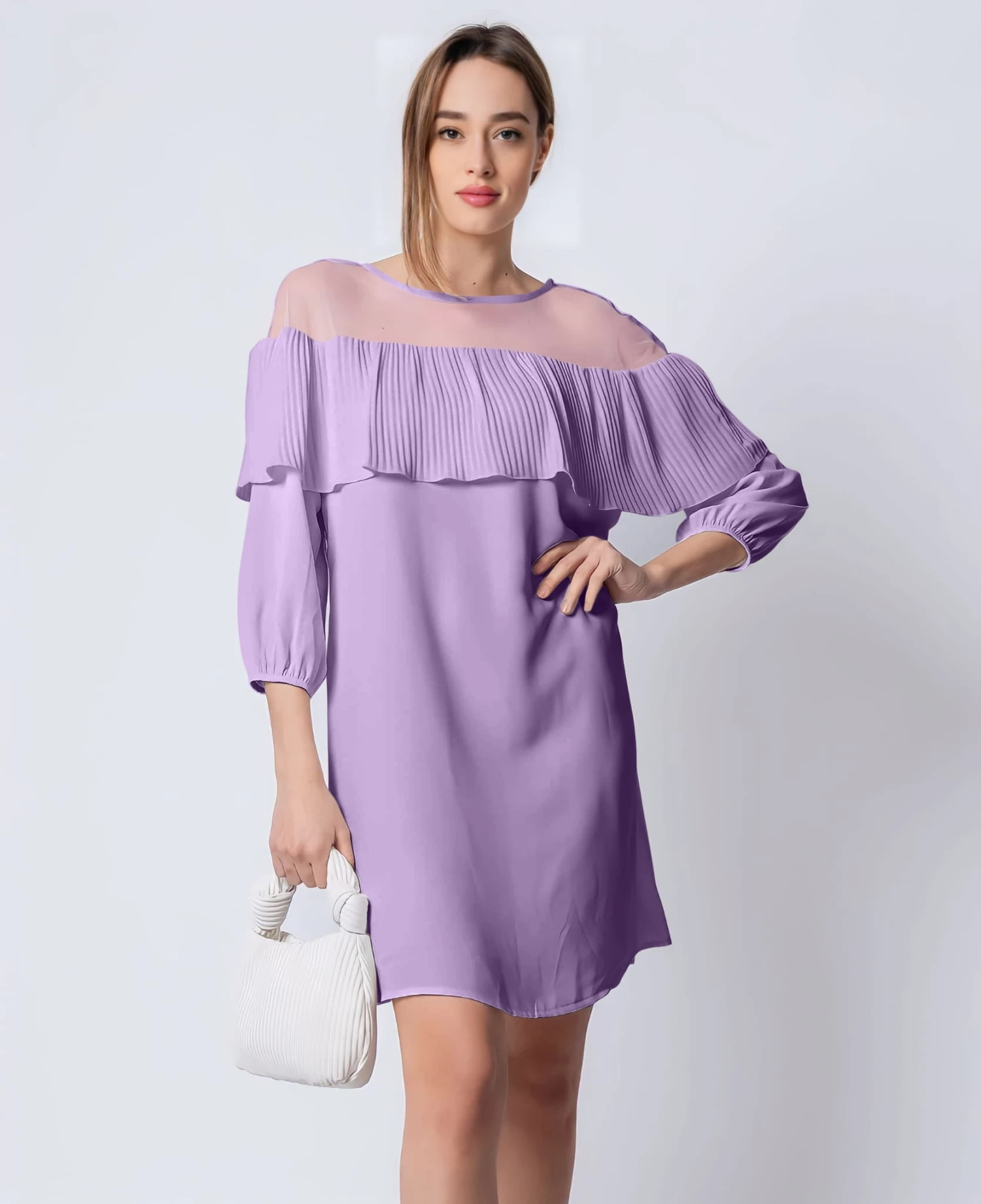 Linda Vestito Donna Morbido Volant Plissé Trasparente Casual Elegante 3 Linda Vestito Donna Morbido Volant Plissé Trasparente Casual Elegante - immagine 3