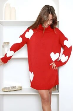 Vestito Donna Maxi Pull Collo Alto Fantasia Cuori Morbido Caldo Casual