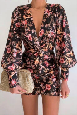 Vestito Donna Tubino Scollo V Profondo Fantasia Fiori Casual Elegante Sensuale