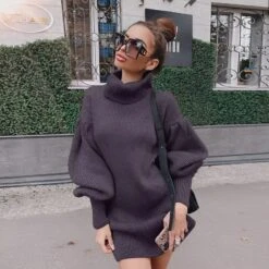 Vestito Donna Maxi Pull Morbido Collo Alto Manica Sbuffo Casual Comodo Elegante