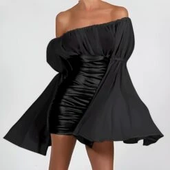 Vestito Donna Tubino Scollo Fascia Manica Campana Gonna Vita Alta Ecopelle Elegante Sensuale