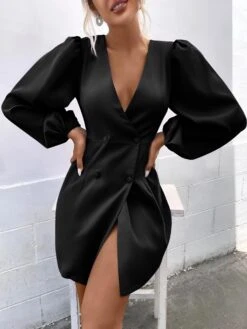 Vestito Donna Blazer Scollo V Bottoni Spacco Manica Sbuffo Casual Elegante -Lindavi Negozio 9.50vanitablackdress