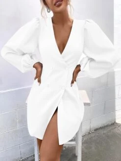 Vestito Donna Blazer Scollo V Bottoni Spacco Manica Sbuffo Casual Elegante -Lindavi Negozio 9.50vanitawhitedress