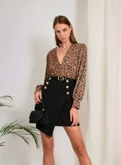 Vestito Donna Tubino Scollo V Manica Sbuffo Fantasia Leopardata Bottoni Casual Elegante Sensuale