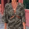 Vestito Donna Tubino Cut Out Scollo V Fantasia Leopardata Manica Ampia Sensuale Elegante
