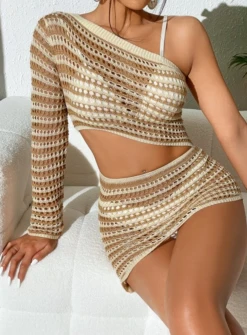 Copricostume Donna Vestito Tubino Cut Out Bicolore Monospalla Uncinetto Traforato Sensuale Aderente -Lindavi Negozio FBGFDSGDFSGV