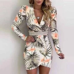 Vestito Donna Manica Lunga Tubino Fantasia Scollo V Elegante Feste Eventi Party