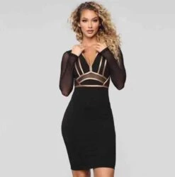 Vestito Donna Manica Lunga Velata Tubino Scollo V Elegante Feste Eventi Party