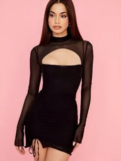 Vestito Donna Tubino Cut Out Scollo Cuore Manica Lunga Tulle Coulisse Arricciato Sensuale Elegante